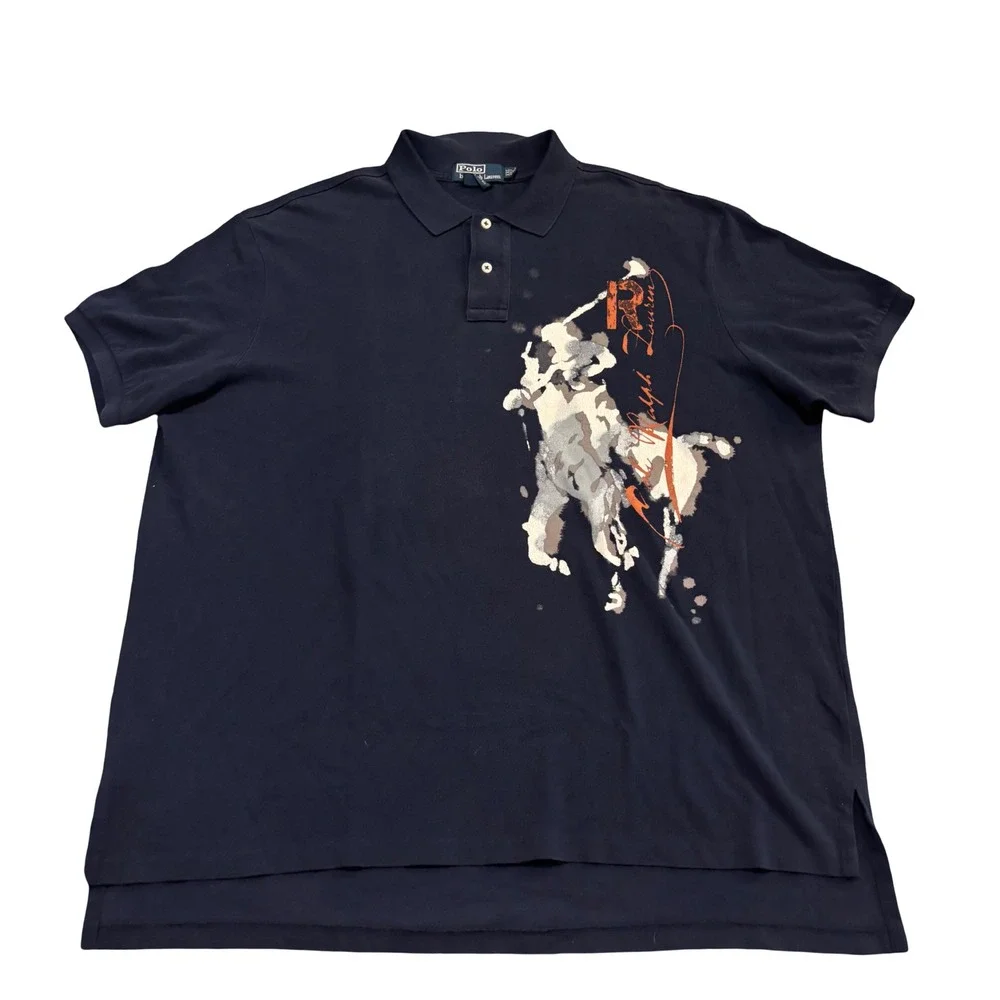 Polo Ralph Lauren Mens XXL Navy Blue Big Pony Splatter Graphic Polo Shirt Vtg